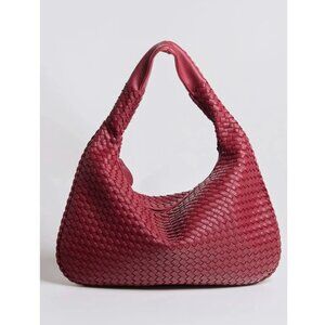 Dark Cherry Red Textured Woven Half Moon Hobo Shoulder Bag NEW